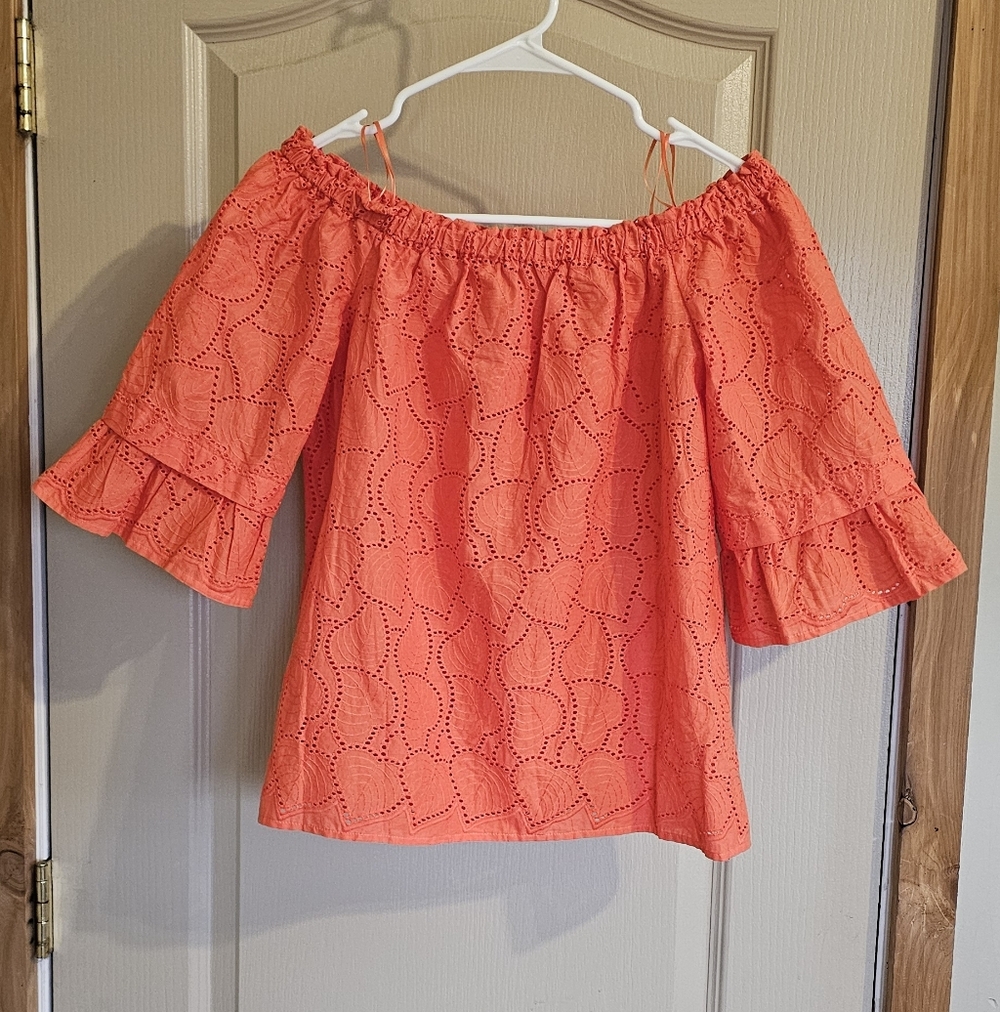 Crown & Ivy Orange Off Shoulder Eyelet Cotton Top Large